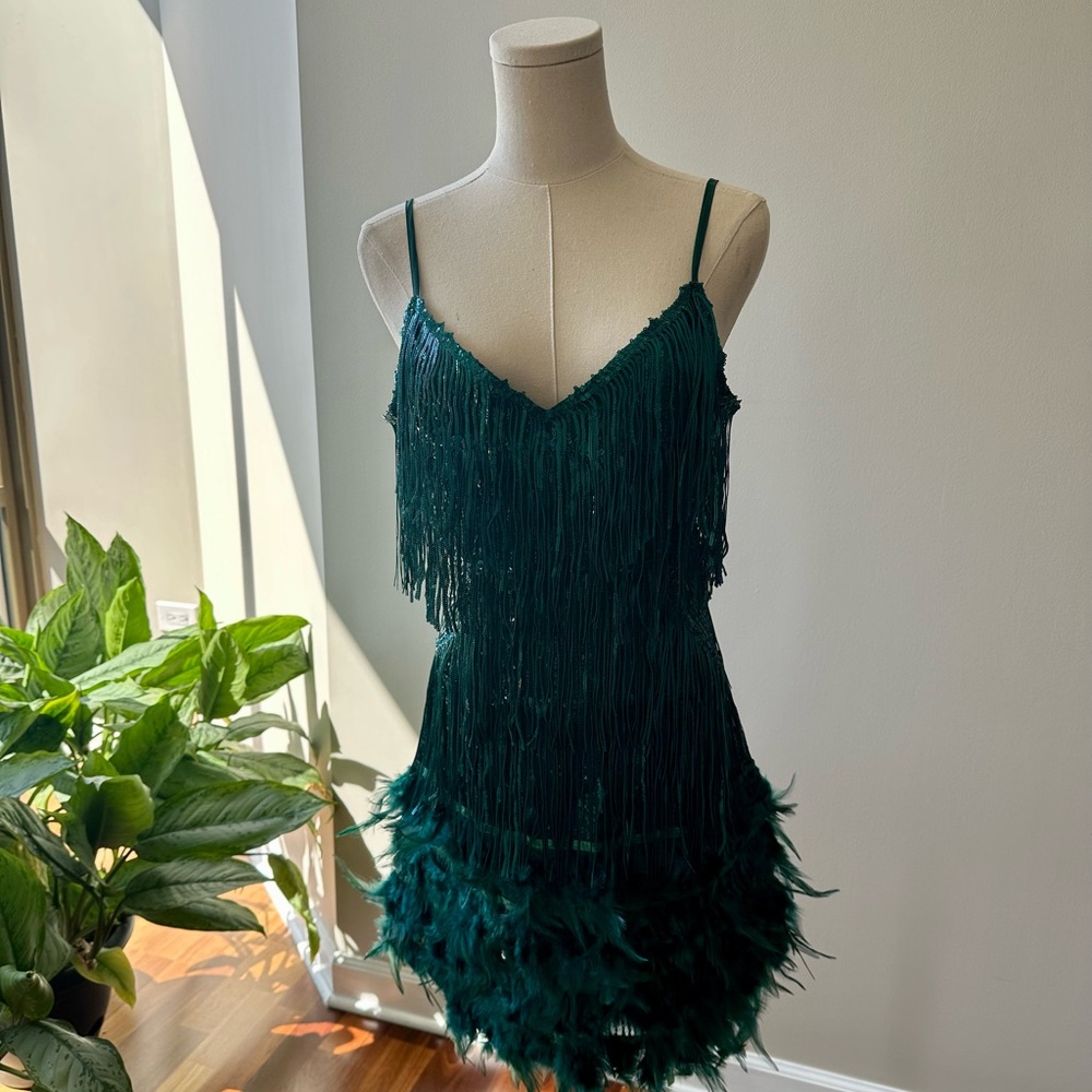 COPY - Deep green cocktail/prom/party dress with sequins and feathers.